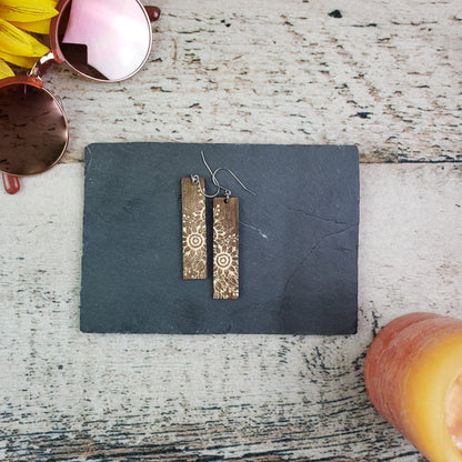 Large Rectangle Sunflower Engraved Wooden Earrings