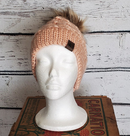 Light pink winter hat with black pom pom, Warm winter hat, Girls hat, Women's ski hat  Handmade Alpaca Wool Winter Hats for Women