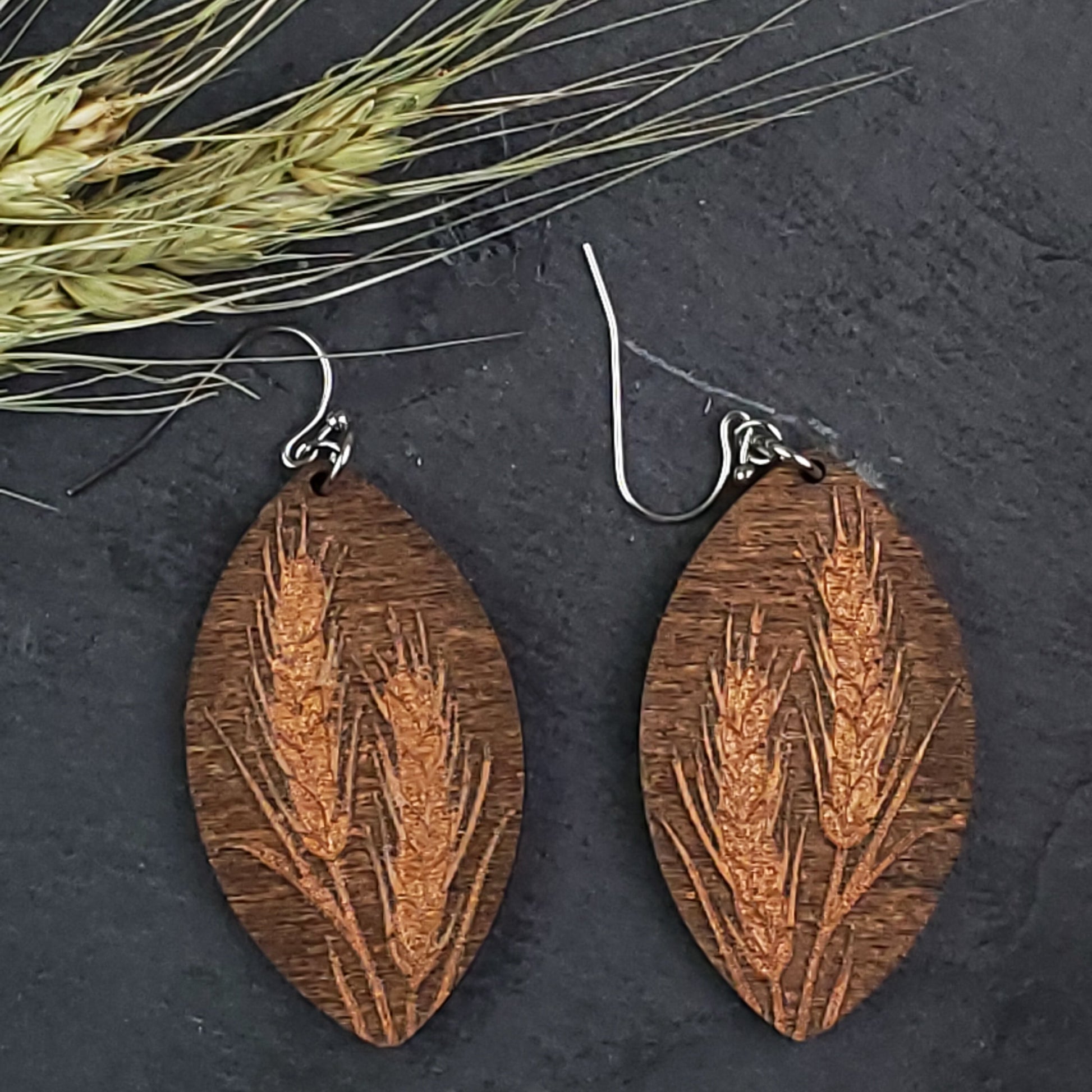 Bronze Wheat Reverse Engraved Wood Dangle Earrings - A Farm Girl by Tess | Handmade Alpaca Wool Winter Hats for Women