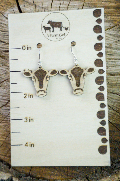 Cow Engraved Wood Dangle Earrings - A Farm Girl by Tess | Handmade Alpaca Wool Winter Hats for Women