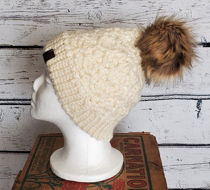 Cream Alpaca Blend Wool Crochet Hat with Pom - a-Farm-girl-bytess | Handmade Alpaca Wool Winter Hats for Women