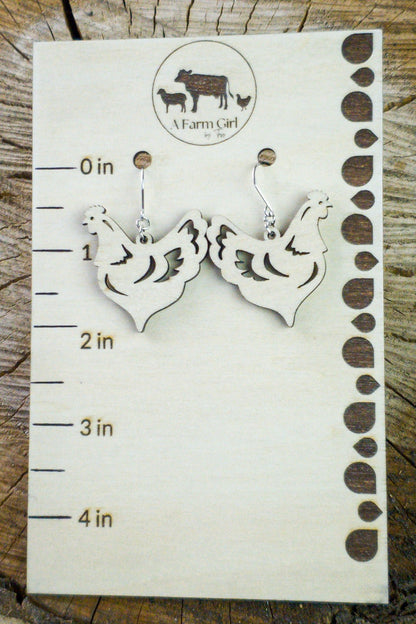 Cut-Out Chicken Wood Dangle Earrings - A Farm Girl by Tess | Handmade Alpaca Wool Winter Hats for Women