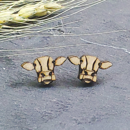 Cute Cow Wood Engraved Earrings - A Farm Girl by Tess | Handmade Alpaca Wool Winter Hats for Women