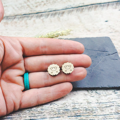 Cute Sheep Engraved Wood Earrings - A Farm Girl by Tess | Handmade Alpaca Wool Winter Hats for Women