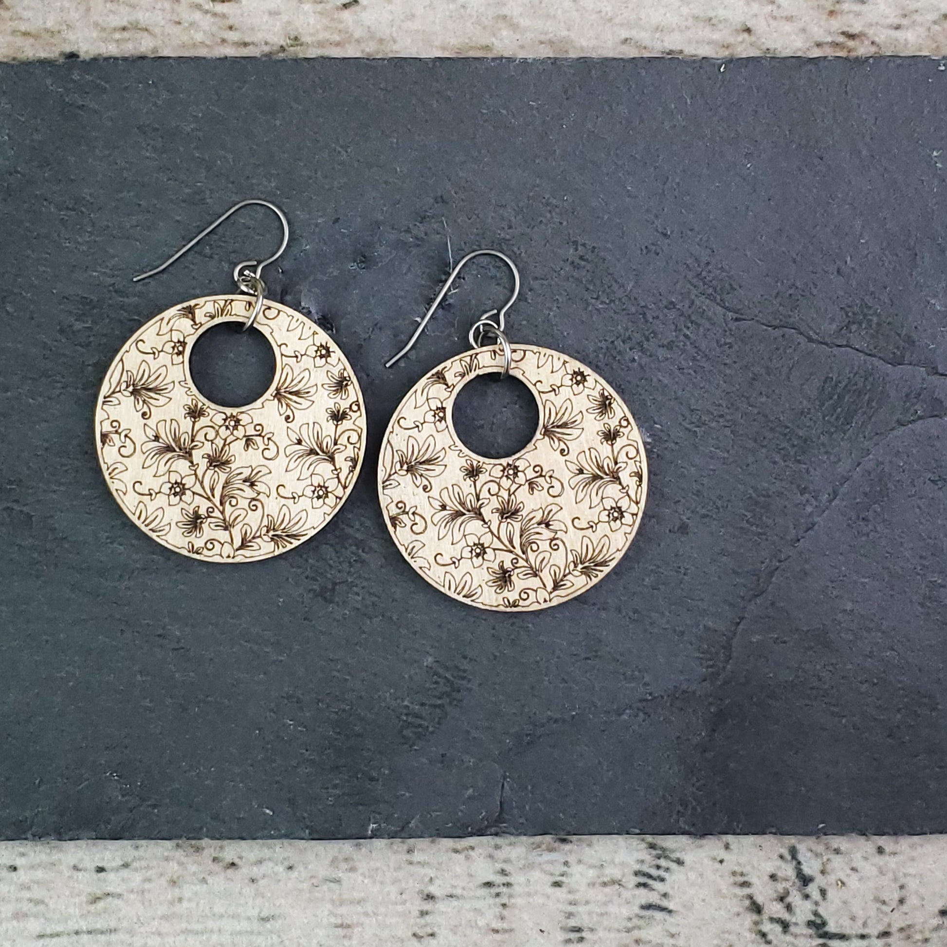 Damask Engraved Wood Earrings - A Farm Girl by Tess | Handmade Alpaca Wool Winter Hats for Women