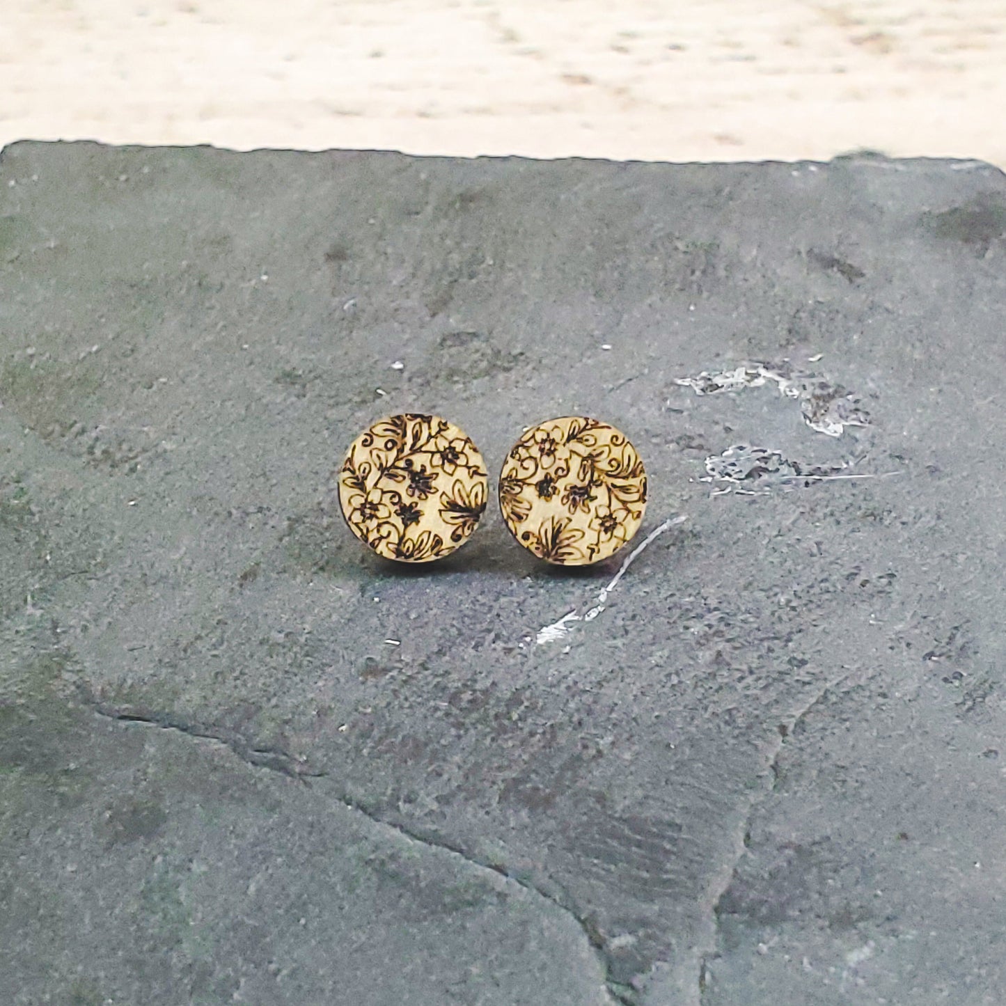 Damask Engraved Wood Earrings - A Farm Girl by Tess | Handmade Alpaca Wool Winter Hats for Women