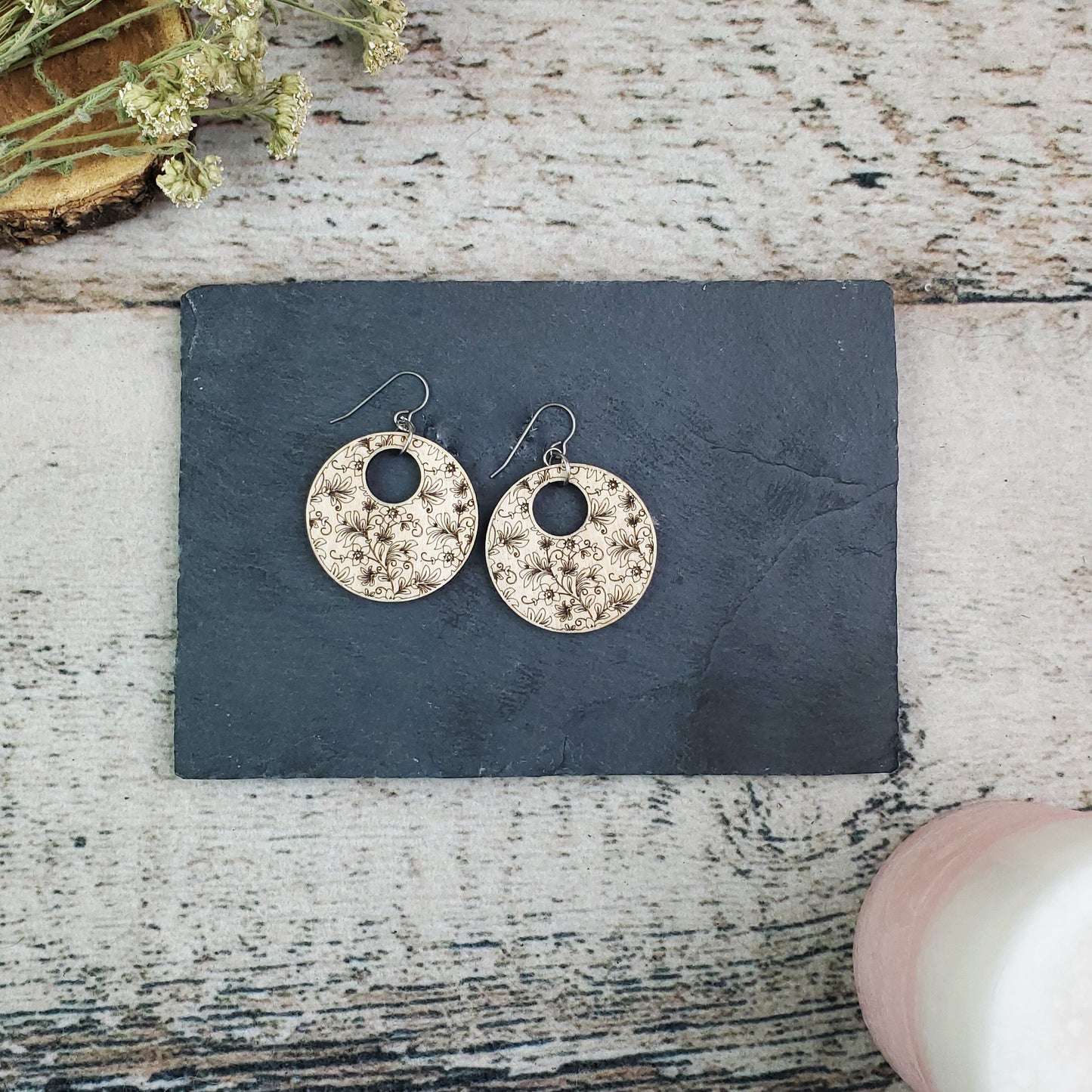 Damask Engraved Wood Earrings - A Farm Girl by Tess | Handmade Alpaca Wool Winter Hats for Women