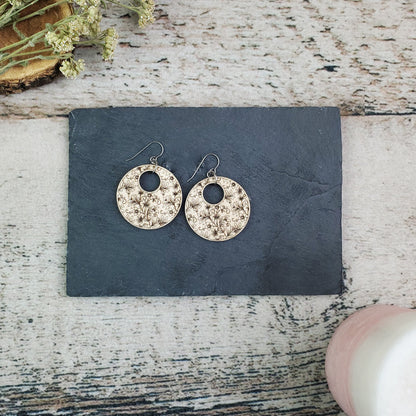 Damask Engraved Wood Earrings - A Farm Girl by Tess | Handmade Alpaca Wool Winter Hats for Women