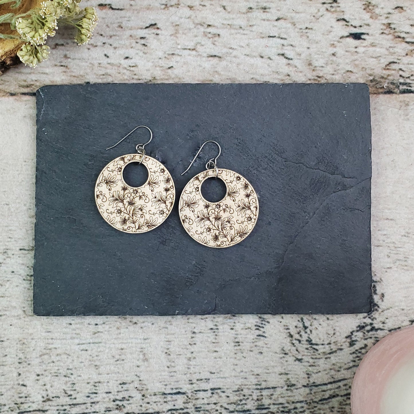 Damask Engraved Wood Earrings - A Farm Girl by Tess | Handmade Alpaca Wool Winter Hats for Women