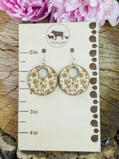 Large Circle Damask Engraved Wood Earrings - A Farm Girl by Tess | Handmade Alpaca Wool Winter Hats for Women