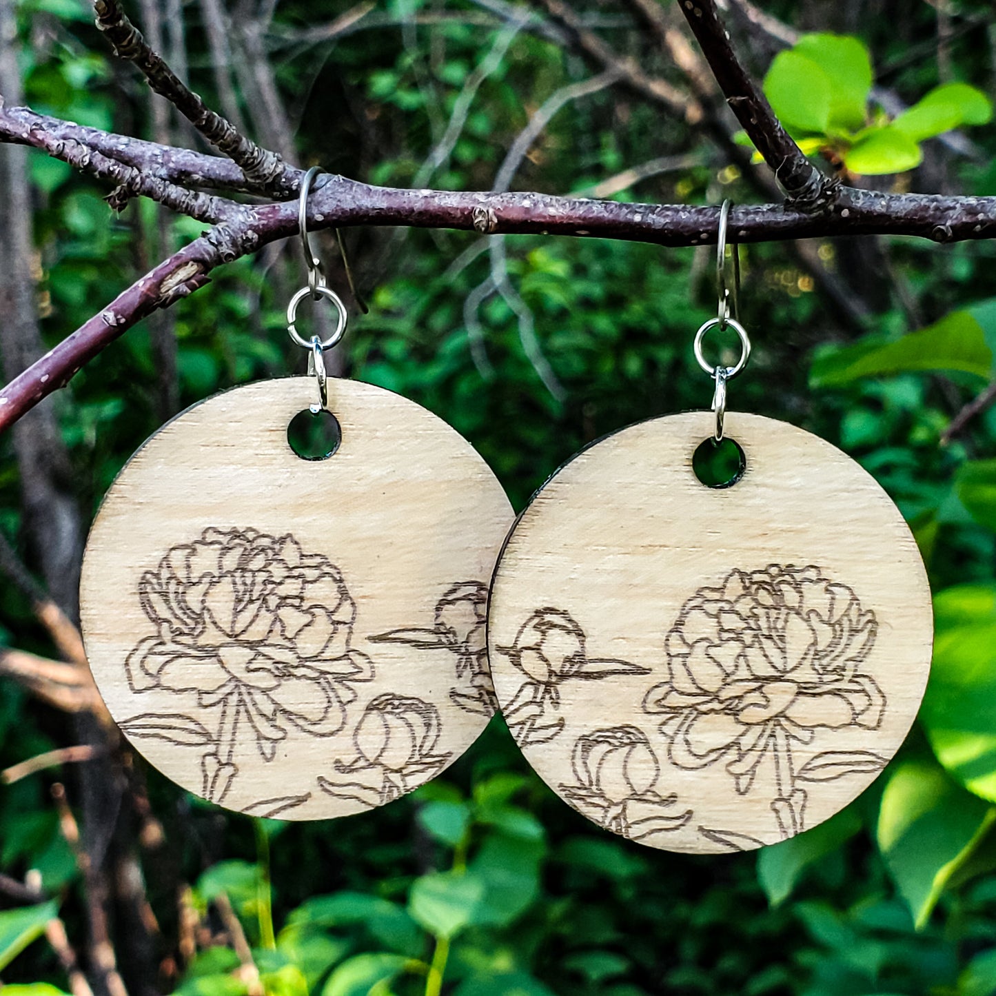 Large Circle Peony Engraved Wood Earrings - A Farm Girl by Tess | Handmade Alpaca Wool Winter Hats for Women