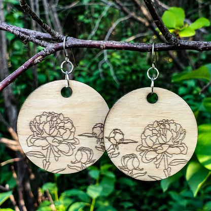 Large Circle Peony Engraved Wood Earrings - A Farm Girl by Tess | Handmade Alpaca Wool Winter Hats for Women