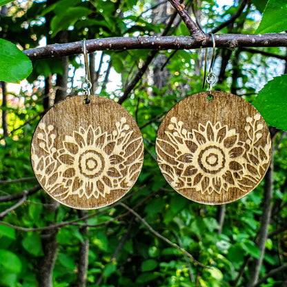 Large Circle Sunflower Engraved Wood Earrings - A Farm Girl by Tess | Handmade Alpaca Wool Winter Hats for Women