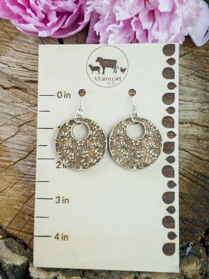 Large Damask Engraved Wood Earrings - A Farm Girl by Tess | Handmade Alpaca Wool Winter Hats for Women