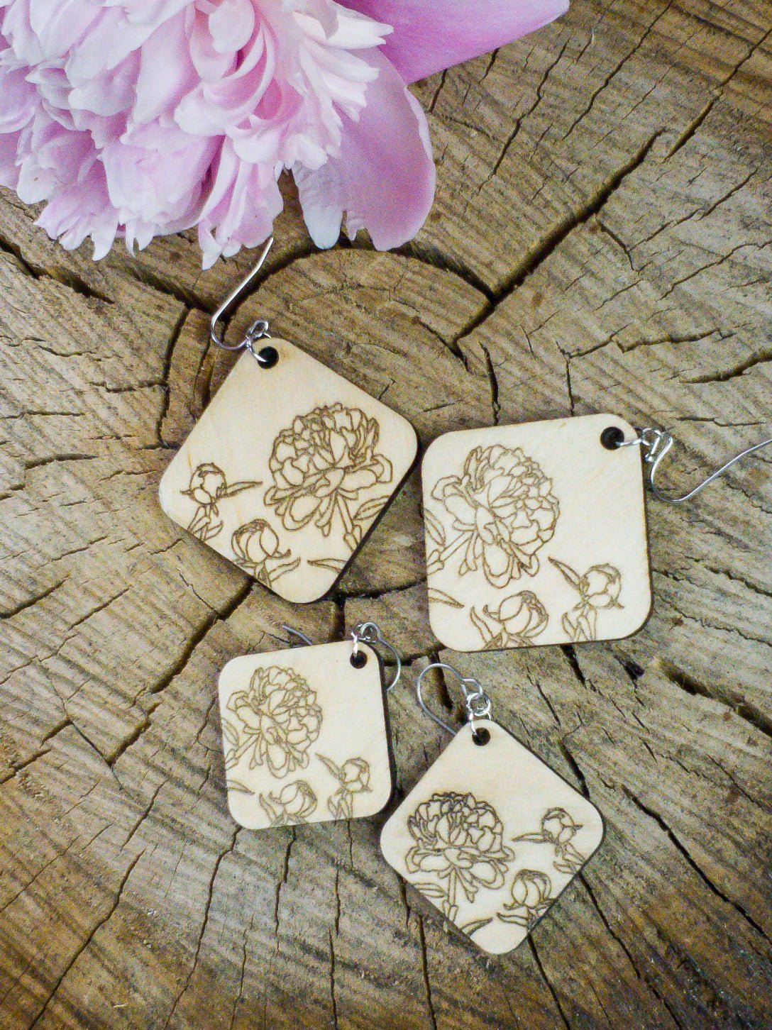 Large Diamond-Shaped Peony Engraved Wood Earrings - A Farm Girl by Tess | Handmade Alpaca Wool Winter Hats for Women