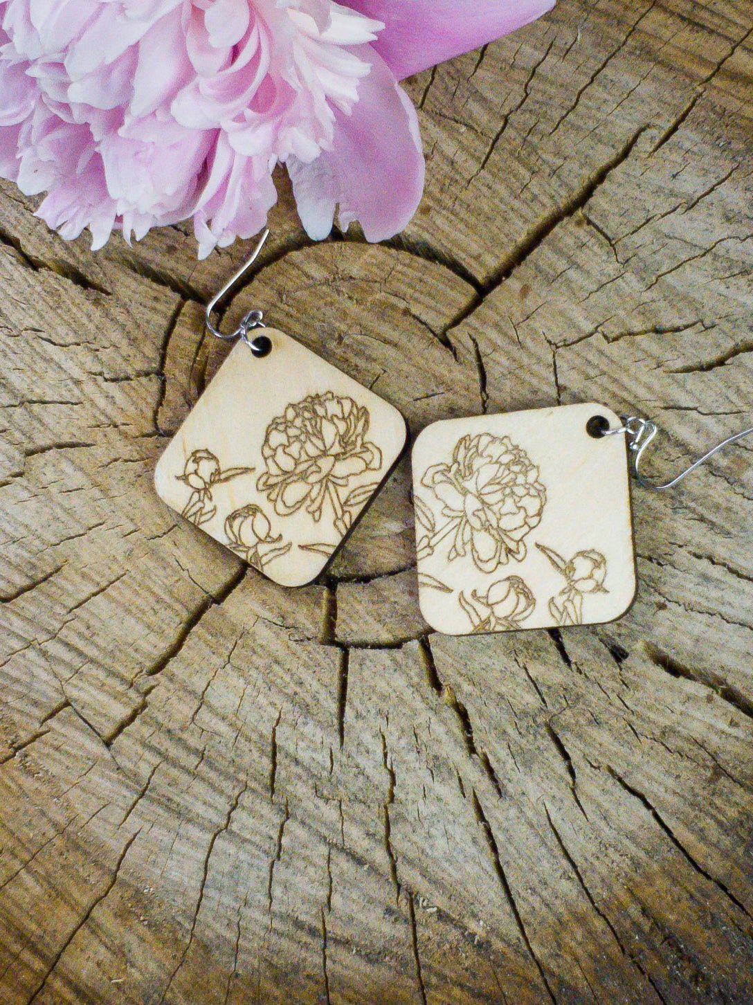 Large Diamond-Shaped Peony Engraved Wood Earrings - A Farm Girl by Tess | Handmade Alpaca Wool Winter Hats for Women
