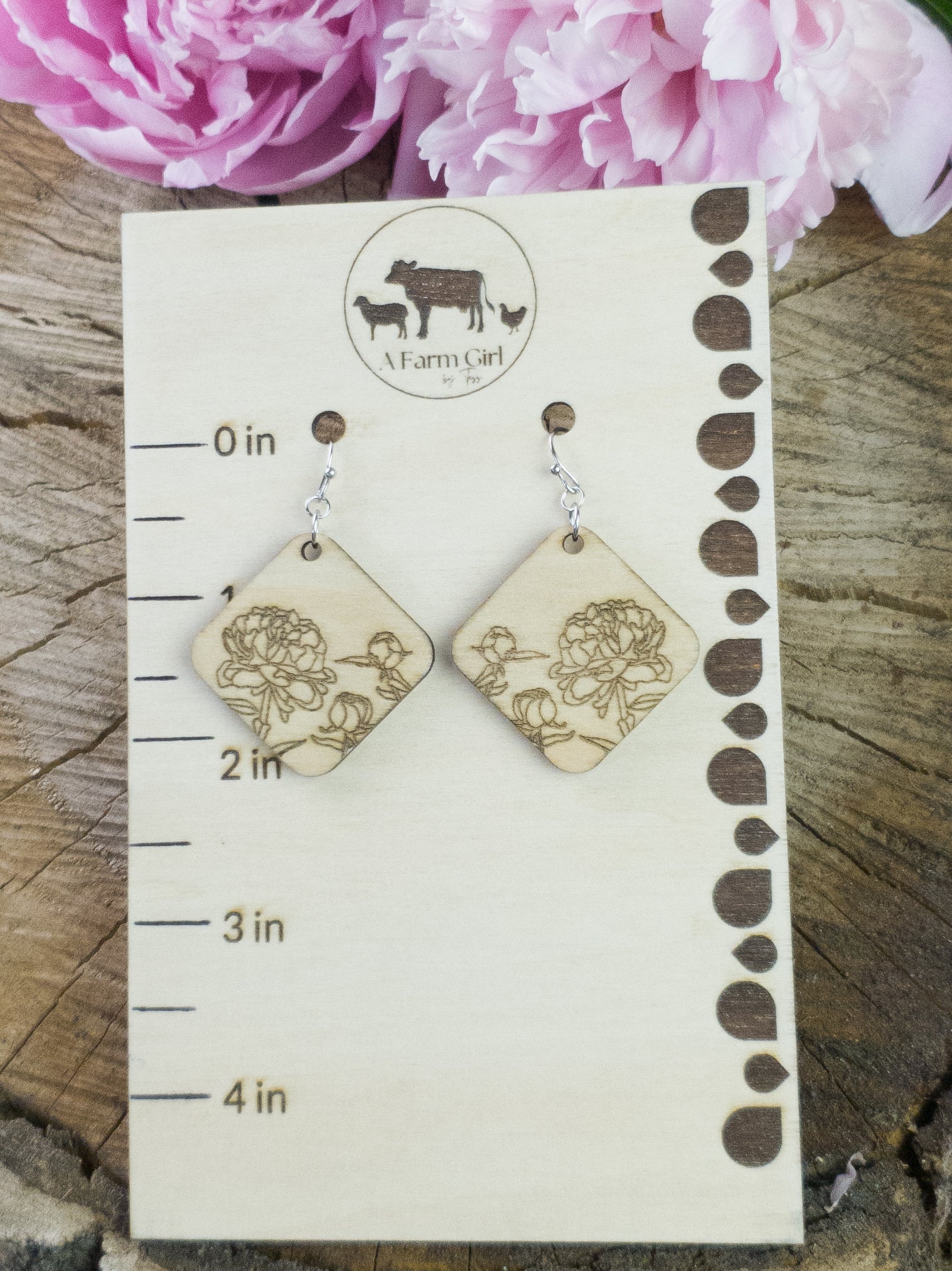 Large Diamond-Shaped Peony Engraved Wood Earrings - A Farm Girl by Tess | Handmade Alpaca Wool Winter Hats for Women