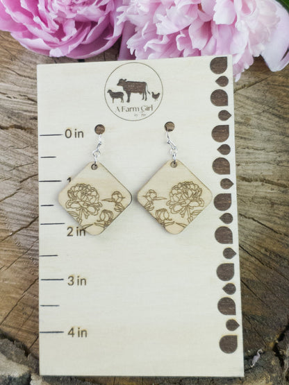 Large Diamond-Shaped Peony Engraved Wood Earrings - A Farm Girl by Tess | Handmade Alpaca Wool Winter Hats for Women