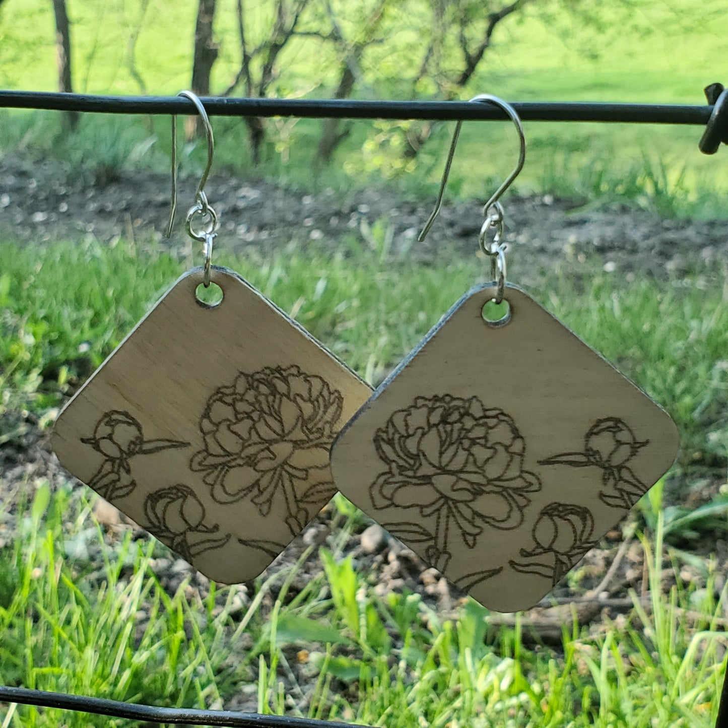 Large Diamond-Shaped Peony Engraved Wood Earrings - A Farm Girl by Tess | Handmade Alpaca Wool Winter Hats for Women