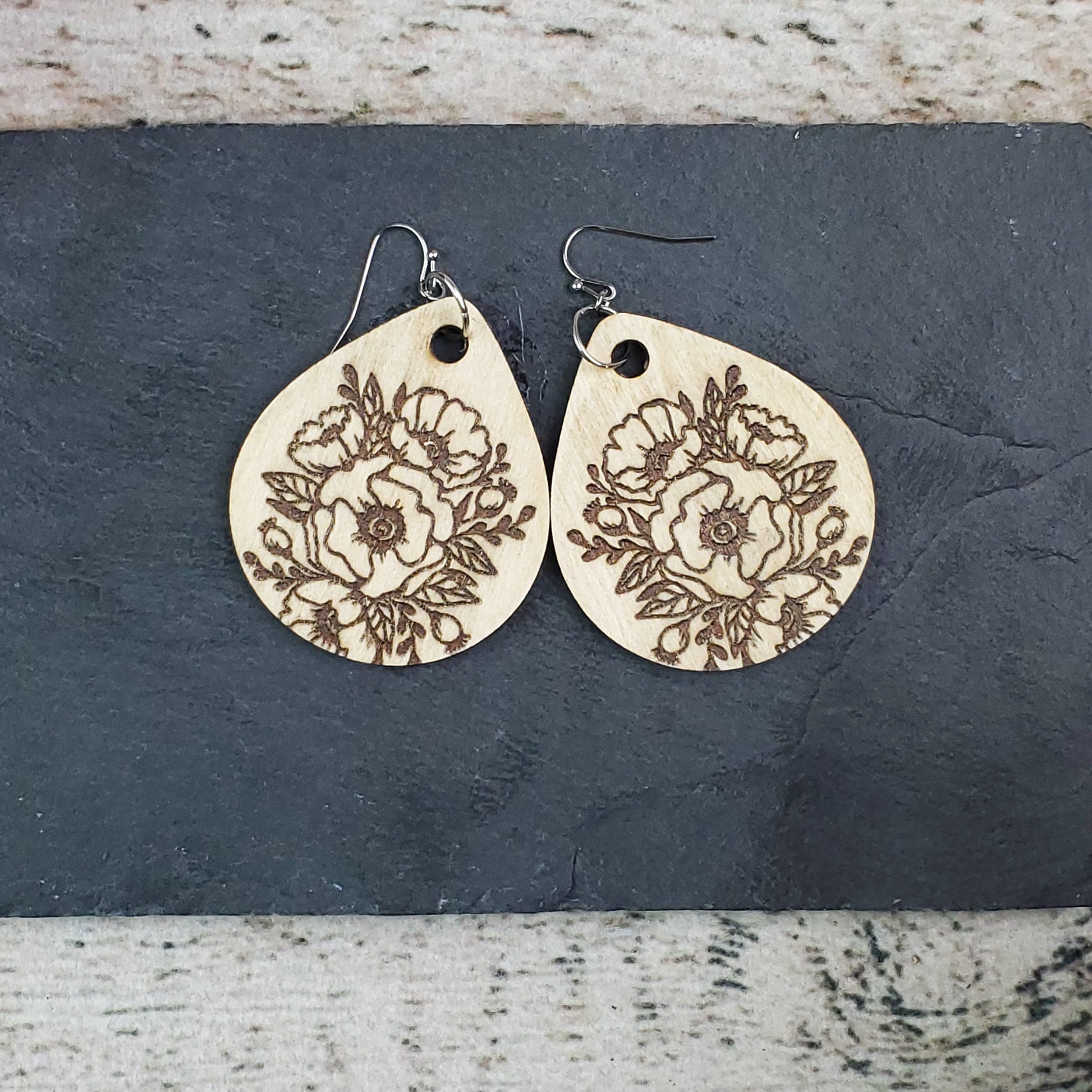 Large Drop Poppy Engraved Wood Earrings - A Farm Girl by Tess | Handmade Alpaca Wool Winter Hats for Women