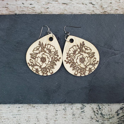 Large Drop Poppy Engraved Wood Earrings - A Farm Girl by Tess | Handmade Alpaca Wool Winter Hats for Women