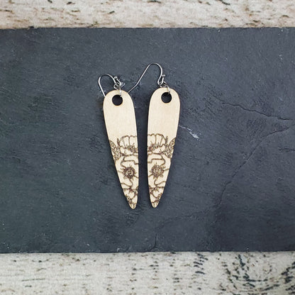 Large Drop Poppy Engraved Wood Earrings - A Farm Girl by Tess | Handmade Alpaca Wool Winter Hats for Women