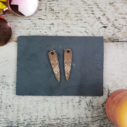 Large Drop Sunflower Engraved Wood Earrings - A Farm Girl by Tess | Handmade Alpaca Wool Winter Hats for Women
