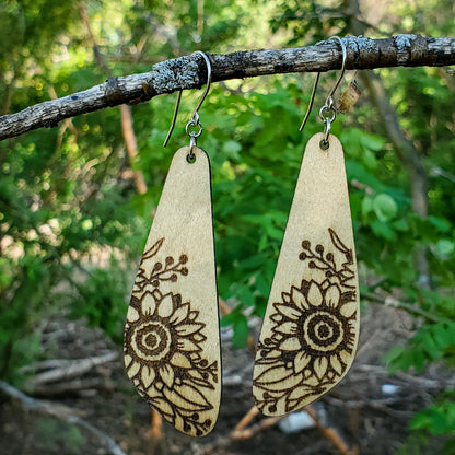 Large Drop Sunflower Engraved Wood Earrings - A Farm Girl by Tess | Handmade Alpaca Wool Winter Hats for Women