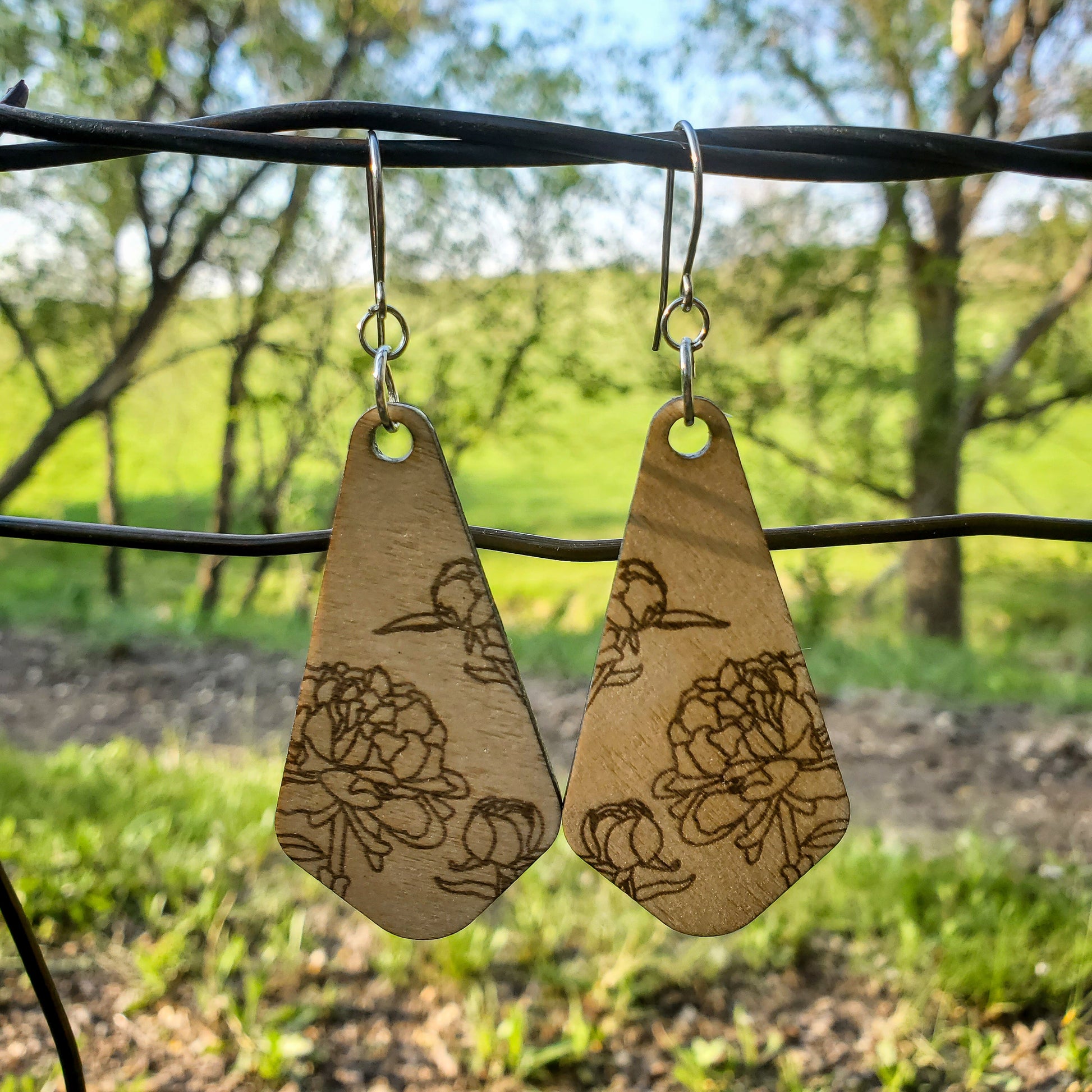 Large Peony Engraved Wood Earrings - A Farm Girl by Tess | Handmade Alpaca Wool Winter Hats for Women