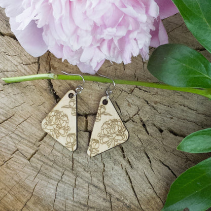 Large Peony Engraved Wood Earrings - A Farm Girl by Tess | Handmade Alpaca Wool Winter Hats for Women