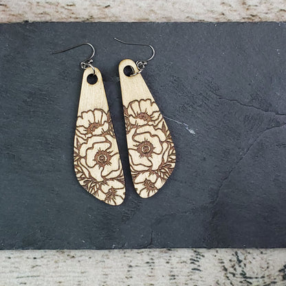 Large Poppy Wood Engraved Drop Earring - A Farm Girl by Tess | Handmade Alpaca Wool Winter Hats for Women