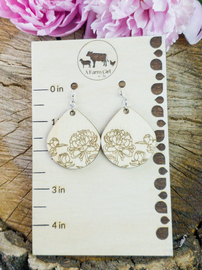 Large Teardrop Peony Engraved Wood Earrings - A Farm Girl by Tess | Handmade Alpaca Wool Winter Hats for Women