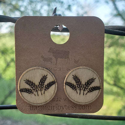 Large Wheat Spray Engraved Wood Earring Posts - A Farm Girl by Tess | Handmade Alpaca Wool Winter Hats for Women
