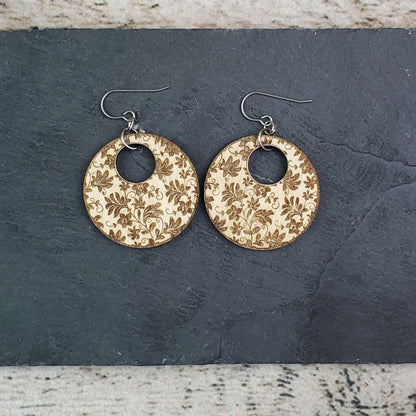 Paired Stud and Dangle Damask Engraved Wood Earrings - A Farm Girl by Tess | Handmade Alpaca Wool Winter Hats for Women