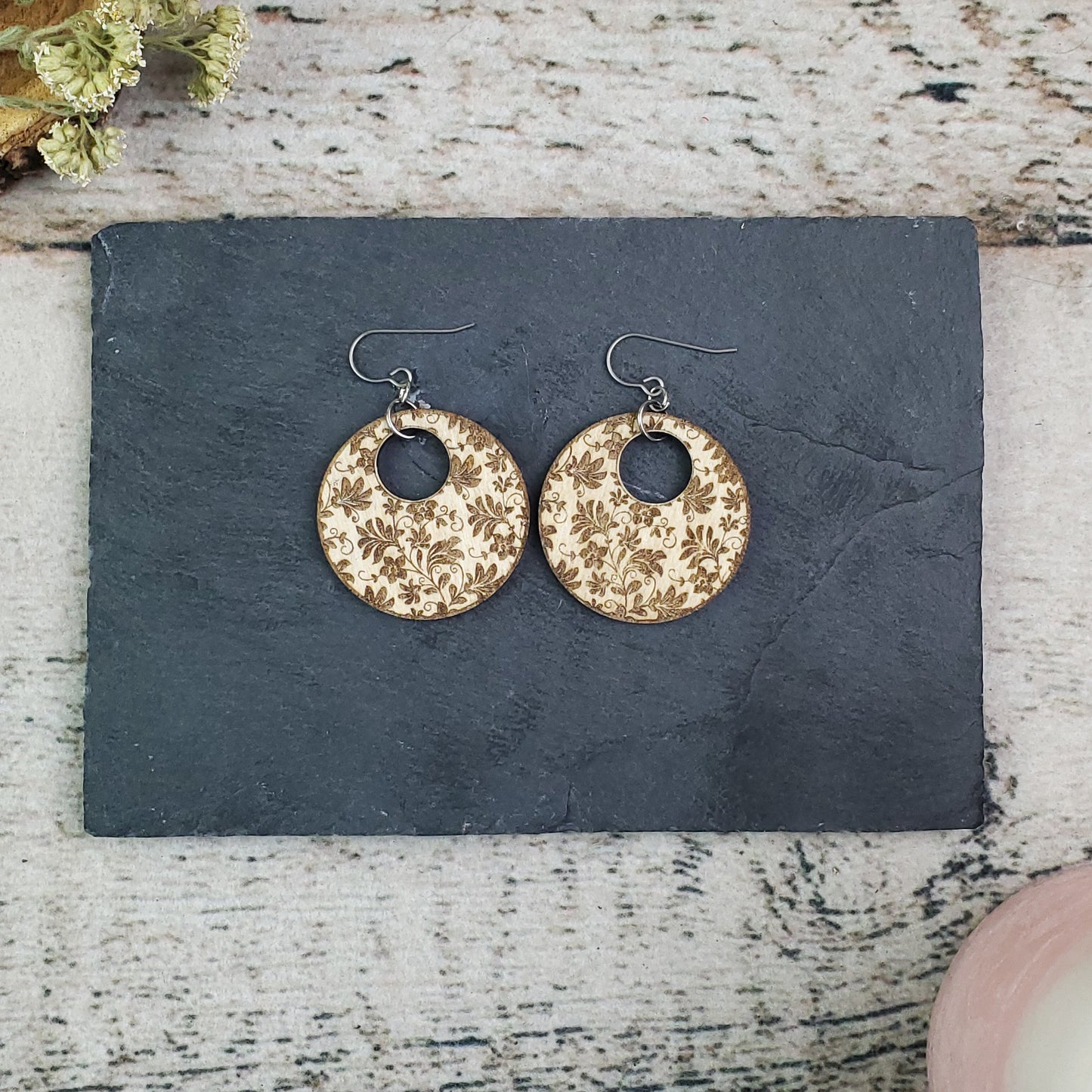 Paired Stud and Dangle Damask Engraved Wood Earrings - A Farm Girl by Tess | Handmade Alpaca Wool Winter Hats for Women