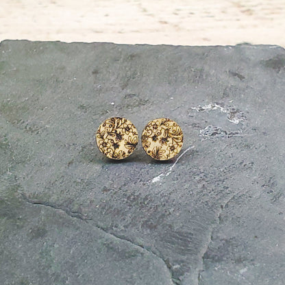 Paired Stud and Dangle Damask Engraved Wood Earrings - A Farm Girl by Tess | Handmade Alpaca Wool Winter Hats for Women