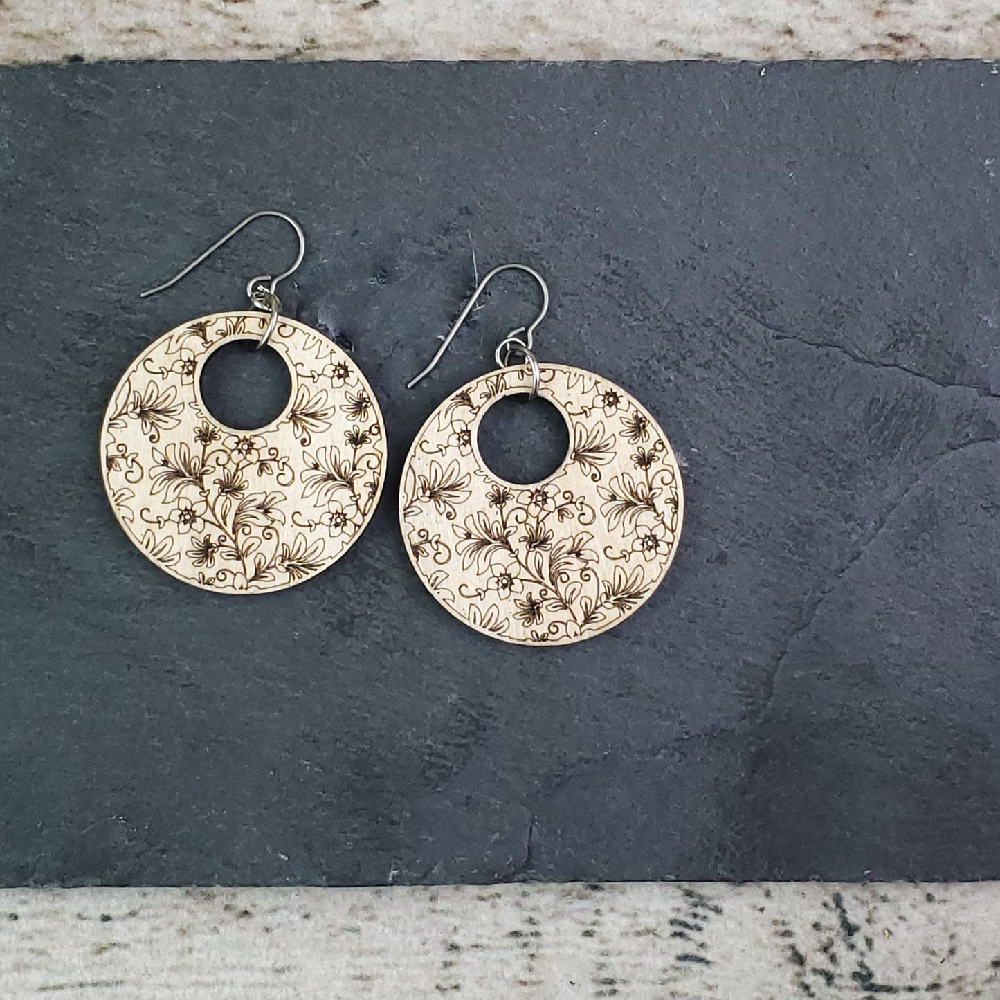 Paired Stud and Dangle Damask Engraved Wood Earrings - A Farm Girl by Tess | Handmade Alpaca Wool Winter Hats for Women