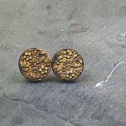 Paired Stud and Dangle Damask Engraved Wood Earrings - A Farm Girl by Tess | Handmade Alpaca Wool Winter Hats for Women
