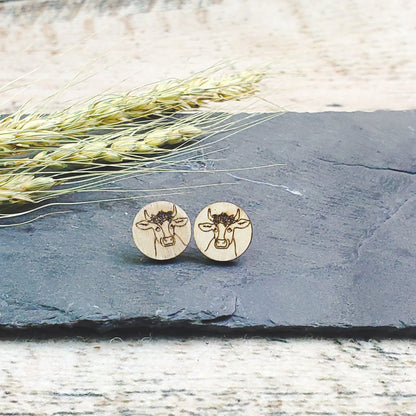Pretty Cow Wood Engraved Earrings - A Farm Girl by Tess | Handmade Alpaca Wool Winter Hats for Women