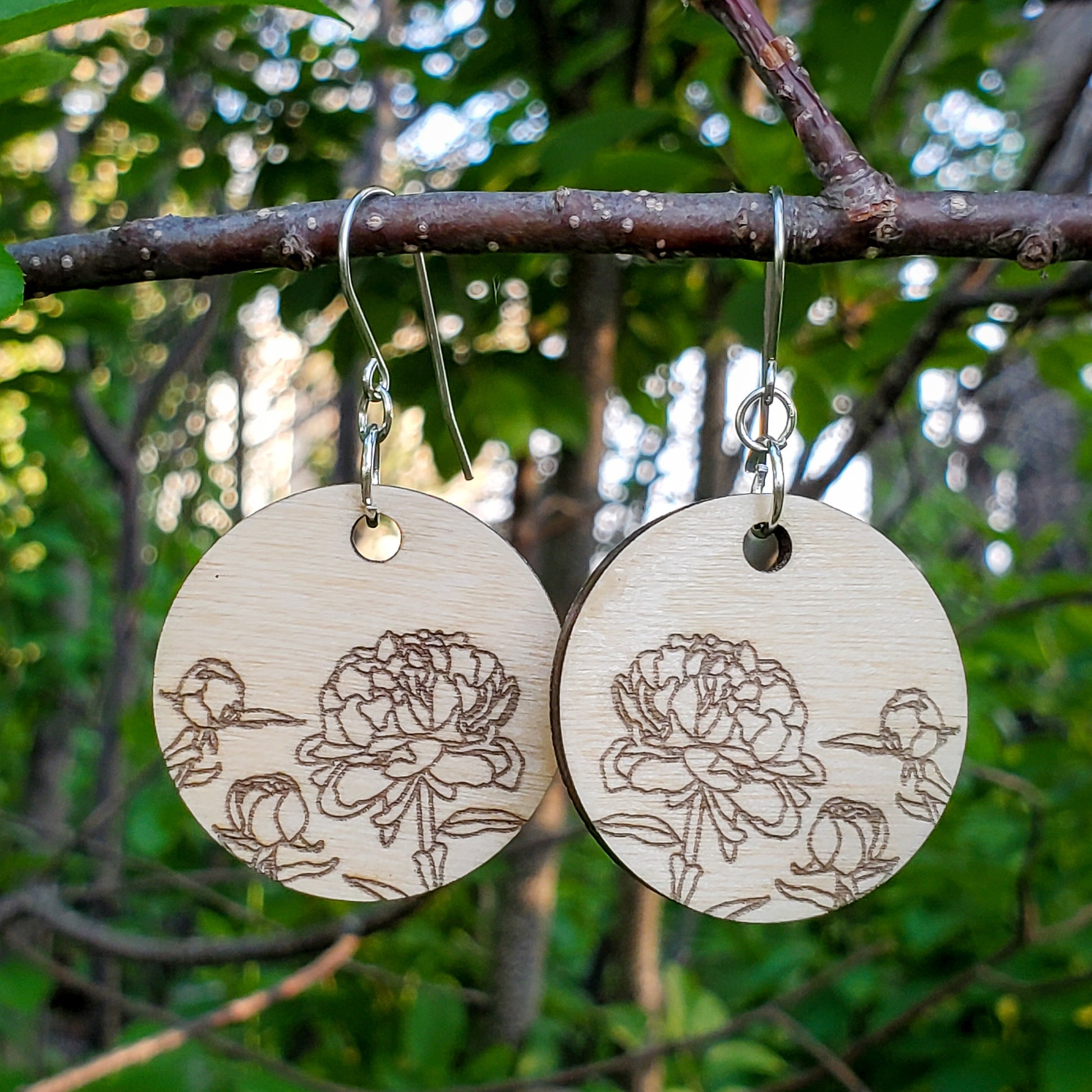 Small Circle Peony Engraved Wood Earrings - A Farm Girl by Tess | Handmade Alpaca Wool Winter Hats for Women