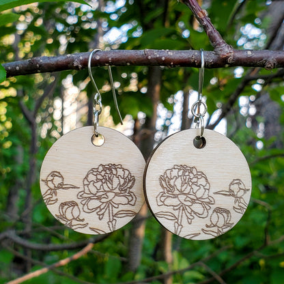 Small Circle Peony Engraved Wood Earrings - A Farm Girl by Tess | Handmade Alpaca Wool Winter Hats for Women