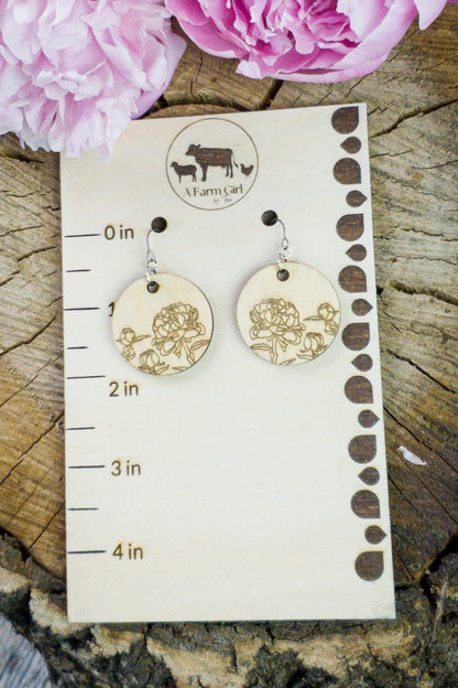 Small Circle Peony Engraved Wood Earrings - A Farm Girl by Tess | Handmade Alpaca Wool Winter Hats for Women