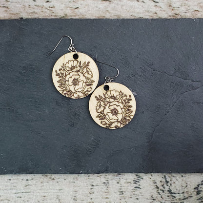 Small Circle Poppy Engraved Wood Earrings - A Farm Girl by Tess | Handmade Alpaca Wool Winter Hats for Women