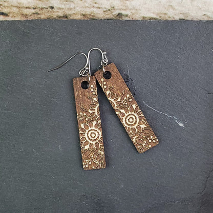 Small Sunflower Reverse Engraved Rectangle Wood Earrings - A Farm Girl by Tess | Handmade Alpaca Wool Winter Hats for Women