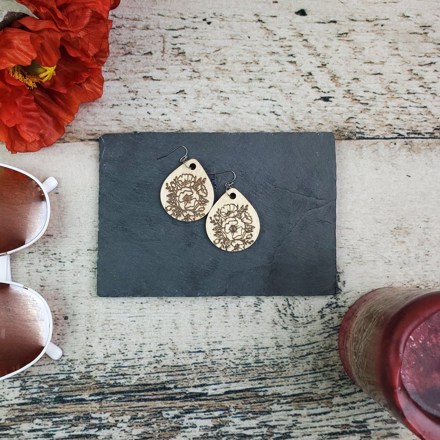 Small Teardrop Poppy Engraved Wood Earrings - A Farm Girl by Tess | Handmade Alpaca Wool Winter Hats for Women