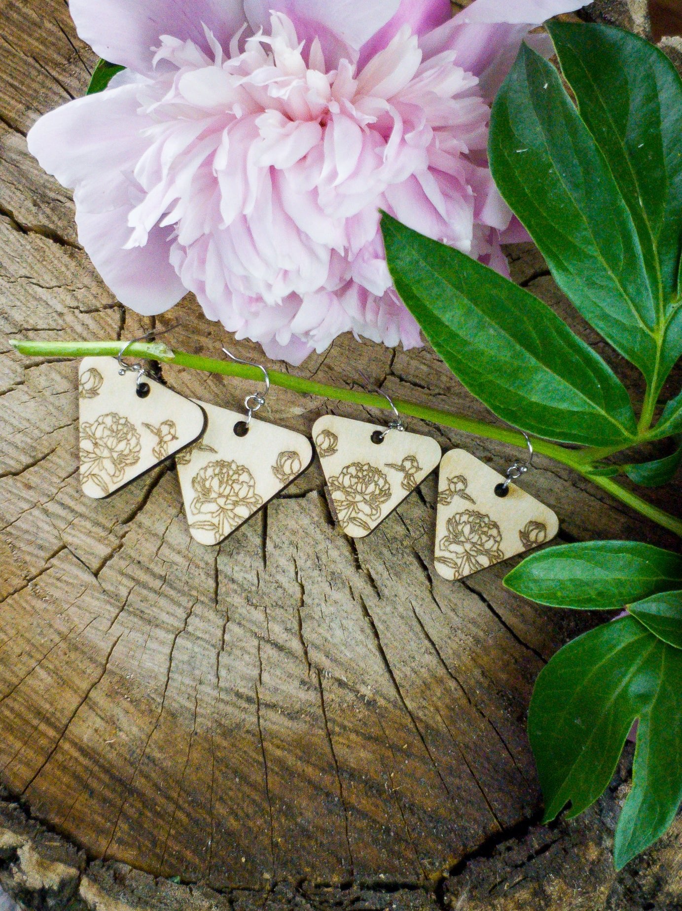 Small Triangle Peony Engraved Wood Earrings - A Farm Girl by Tess | Handmade Alpaca Wool Winter Hats for Women