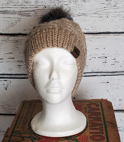 Taupe Alpaca Blend Wool Crochet Hat with Pom - a-Farm-girl-bytess | Handmade Alpaca Wool Winter Hats for Women