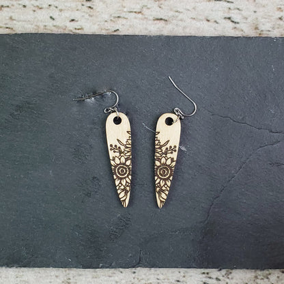 Wood Sunflower Engraved Drop Earrings - A Farm Girl by Tess | Handmade Alpaca Wool Winter Hats for Women